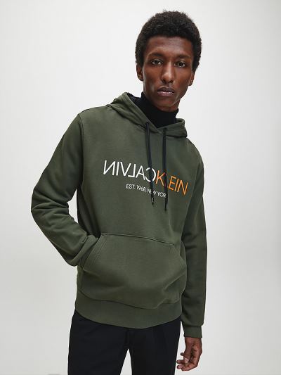 Calvin Klein Ruhák HU768513 | Calvin Klein Organic Cotton Reversed Logo Férfi Kapucnis Pulóver Sötét
